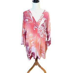 Natori V Neck Pink, Peach, White Long Sleeve Tunic Dress in Size XL